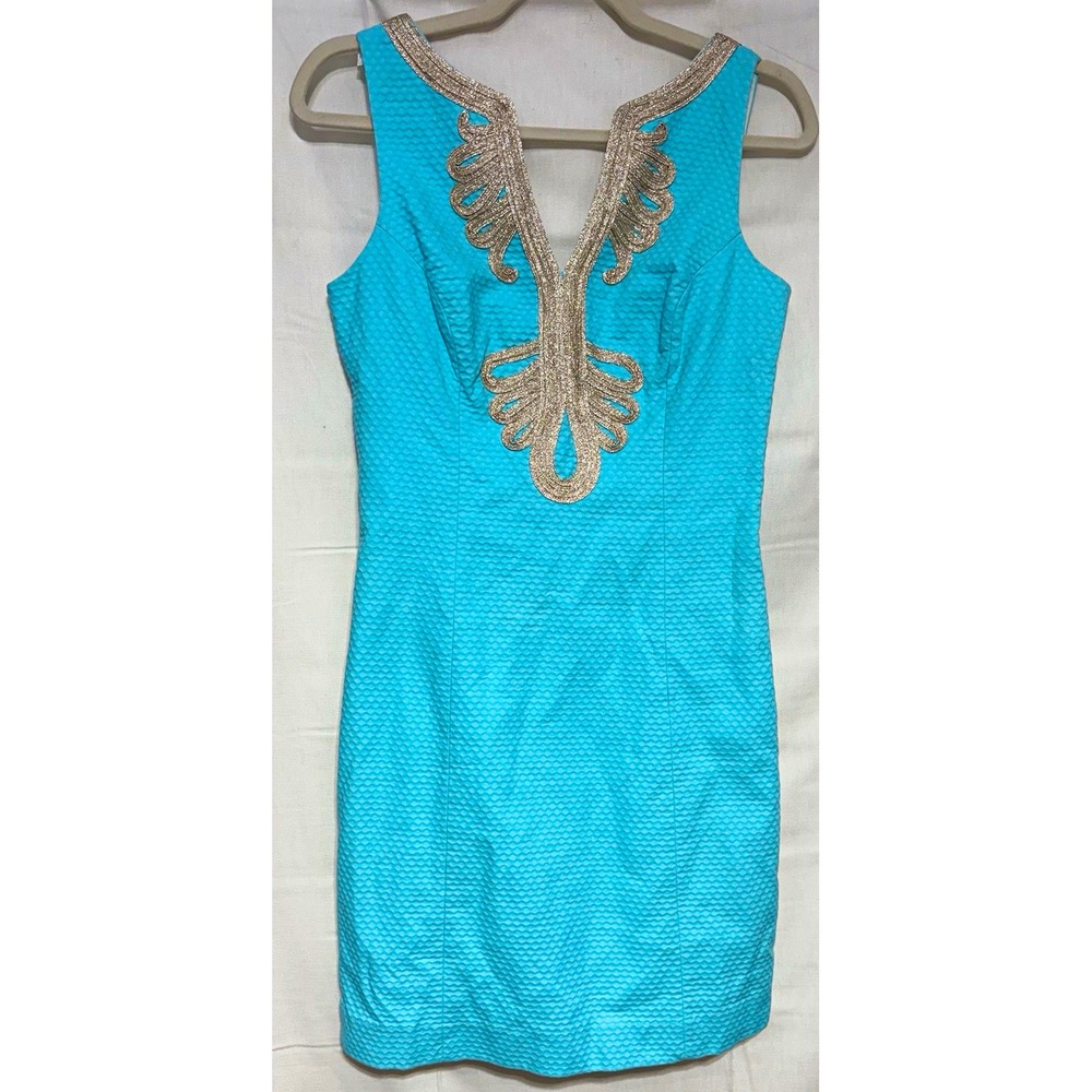 Lilly Pulitzer Suzette Shift Dress Size 2 Serene Blue Gold Metallic Seersucker